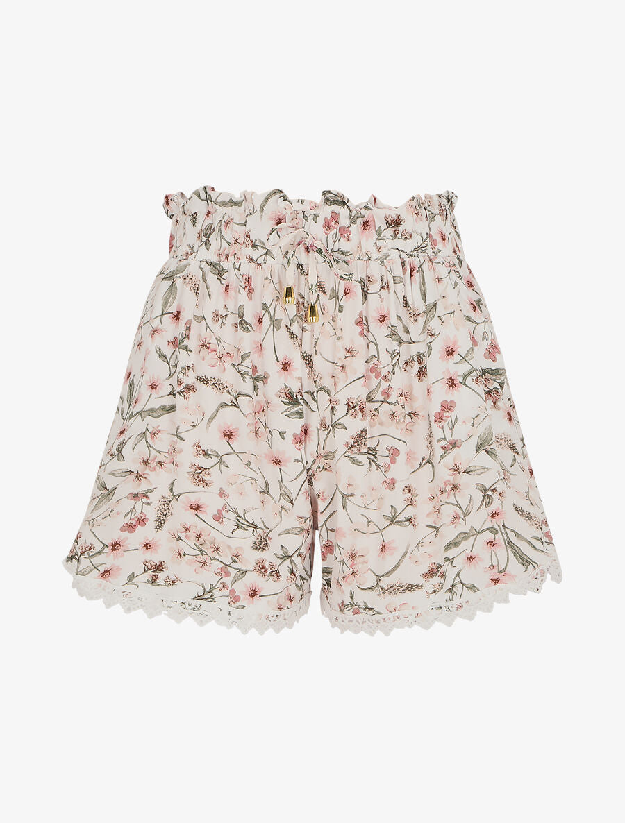 Short imprimé fleuri à taille froncée - Écru - 1