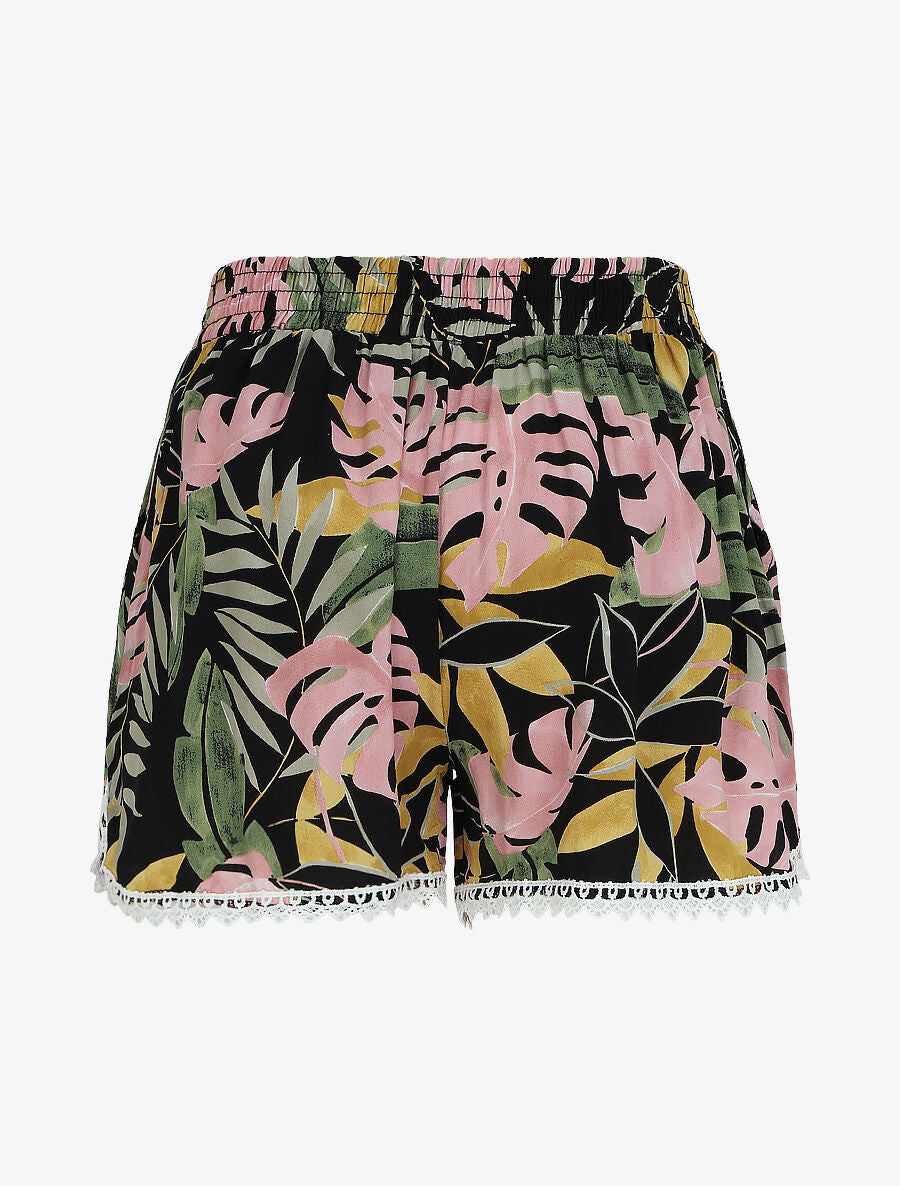 Short imprimé tropical à bords en crochet - Noir - 2