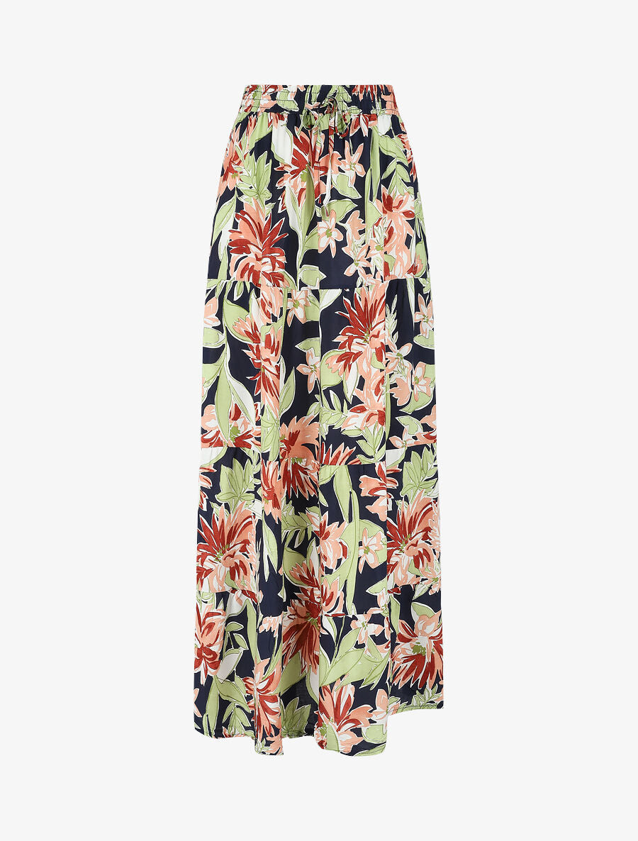 Jupe longue à taille élastiquée à imprimé fleuri - Marine - 4