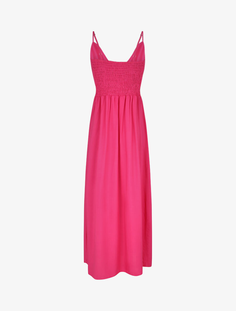 Robe longue unie à taille et dos élastiqués - Fushia - 2