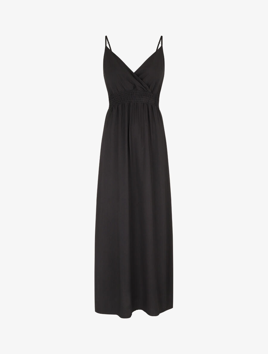 Robe longue unie à taille et dos élastiqués - Noir - 1