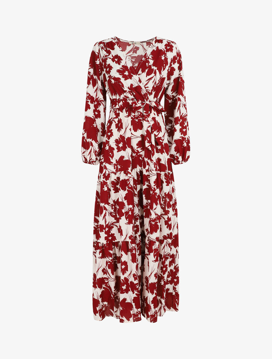 Robe longue empire imprimé fleurs abstraites - Rouge - 4