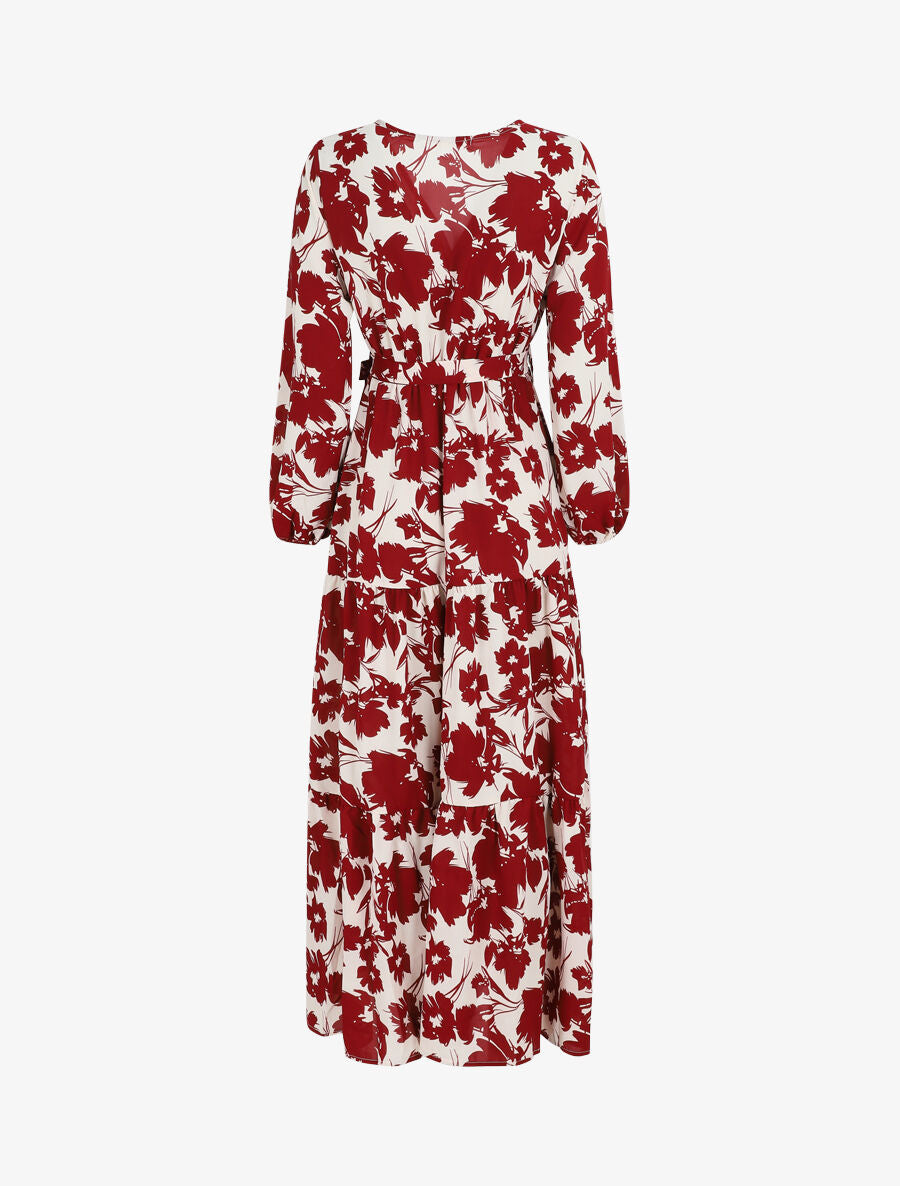 Robe longue empire imprimé fleurs abstraites - Rouge - 2