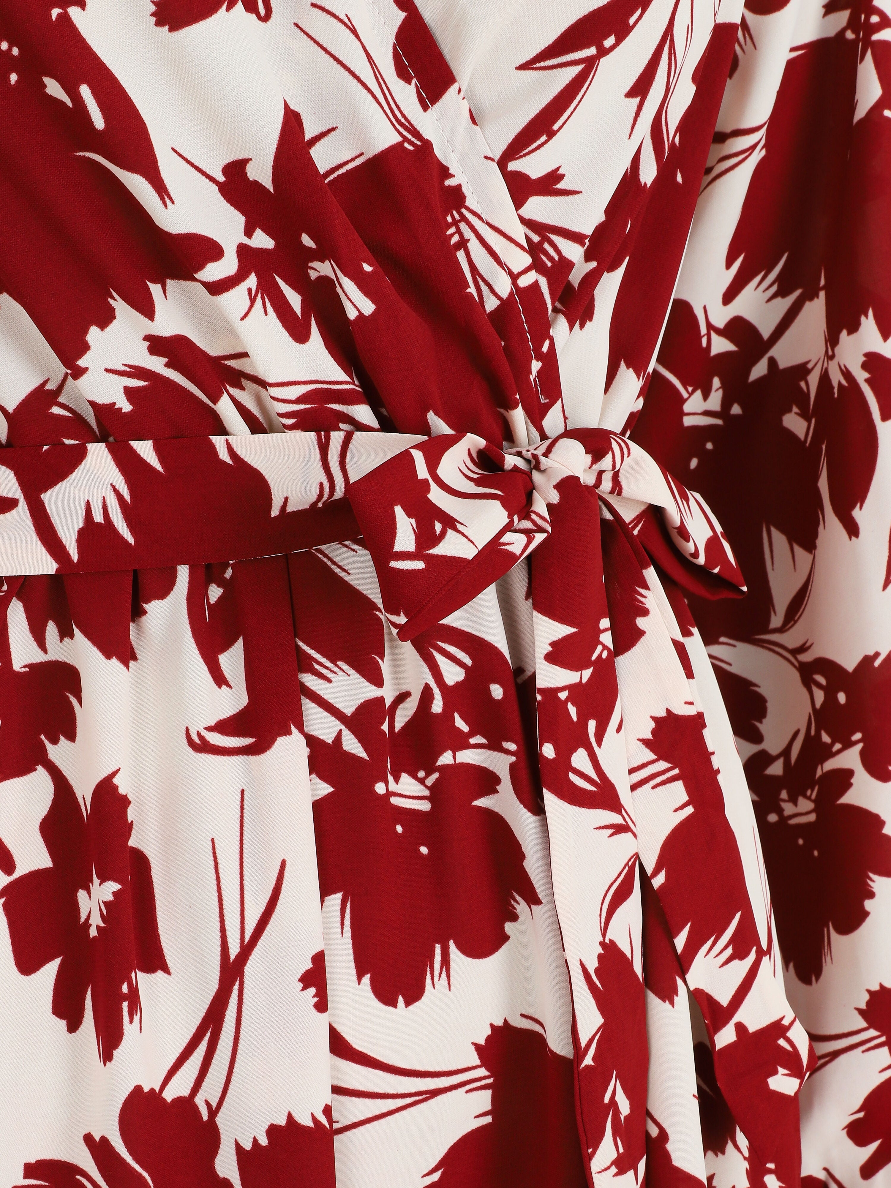 Robe longue empire imprimé fleurs abstraites - Rouge - 3