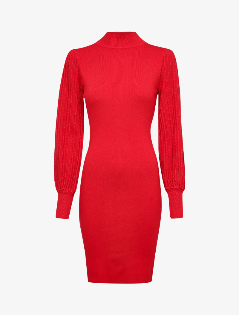 Robe pull à manches bouffantes en maille tressée - Rouge - 1