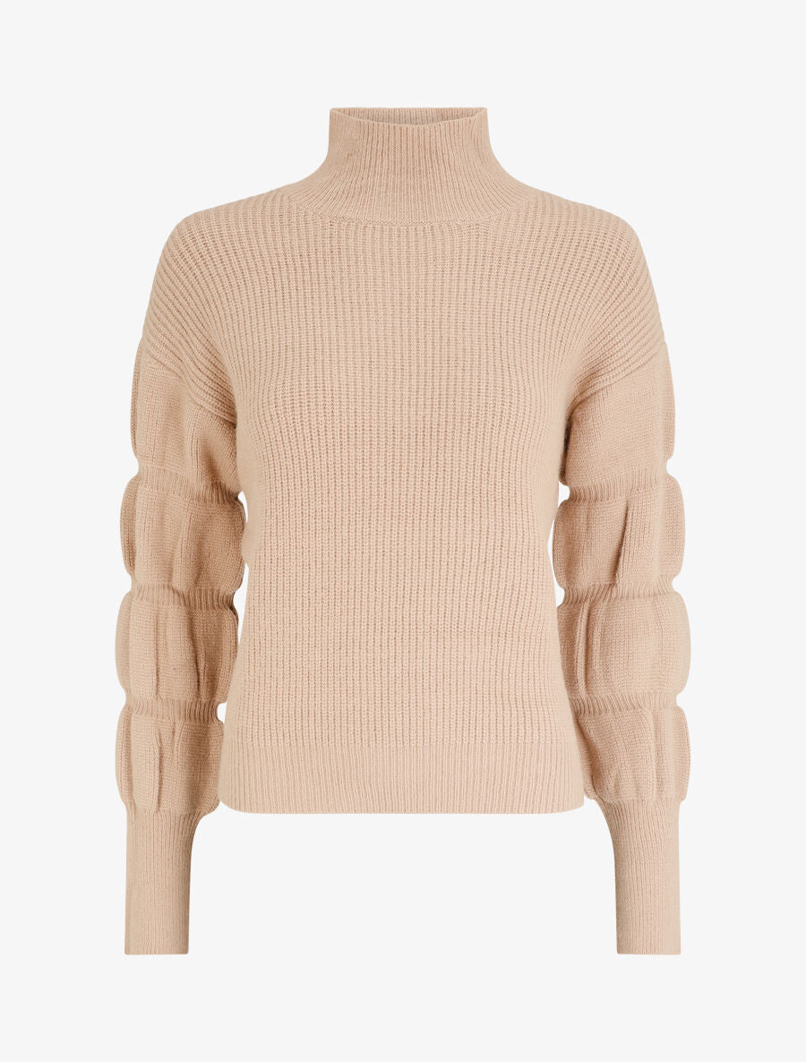 Pull en laine mélangée à manches élastiquées - Beige - 1