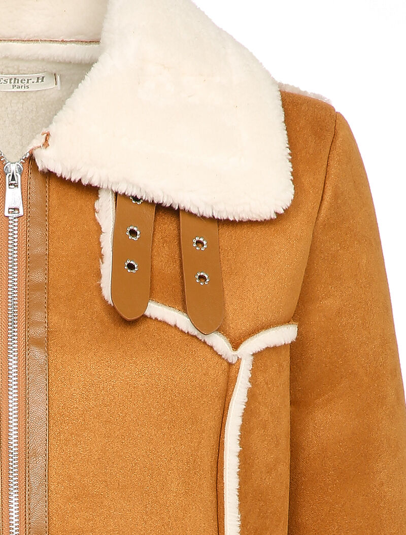 Veste style peau lainée en suédine - Camel - 3
