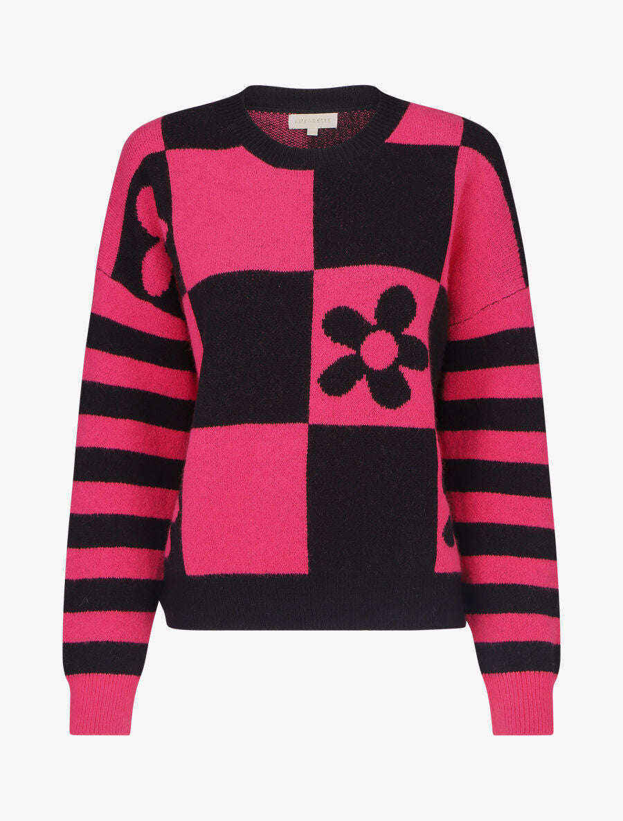 Pull droit à motif fleurs et damier - Noir/rose - 1