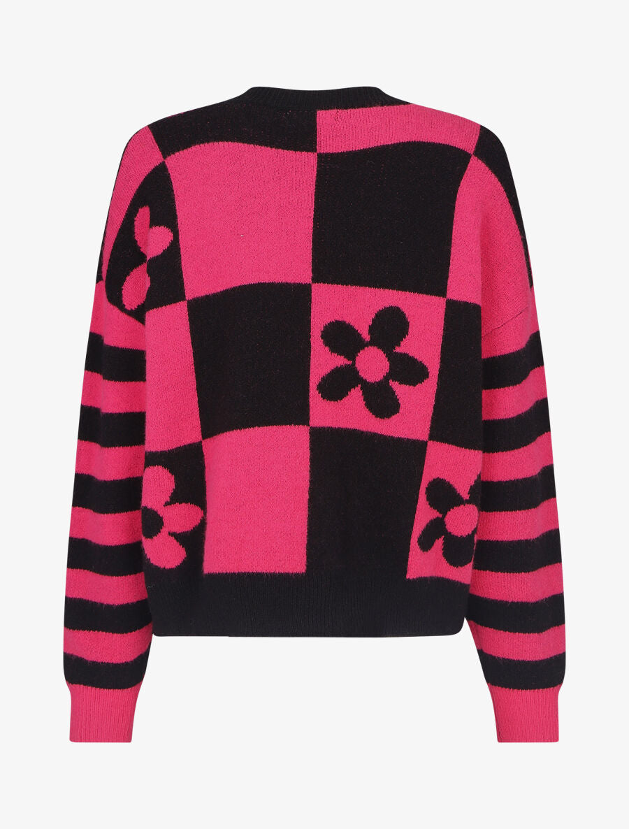 Pull droit à motif fleurs et damier - Noir/rose - 2