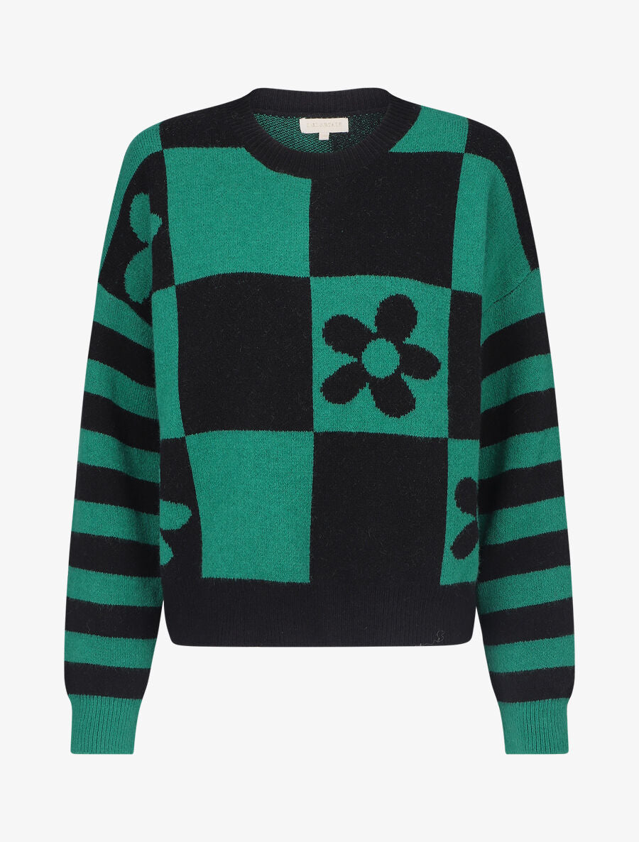 Pull droit à motif fleurs et damier - Noir/vert - 4