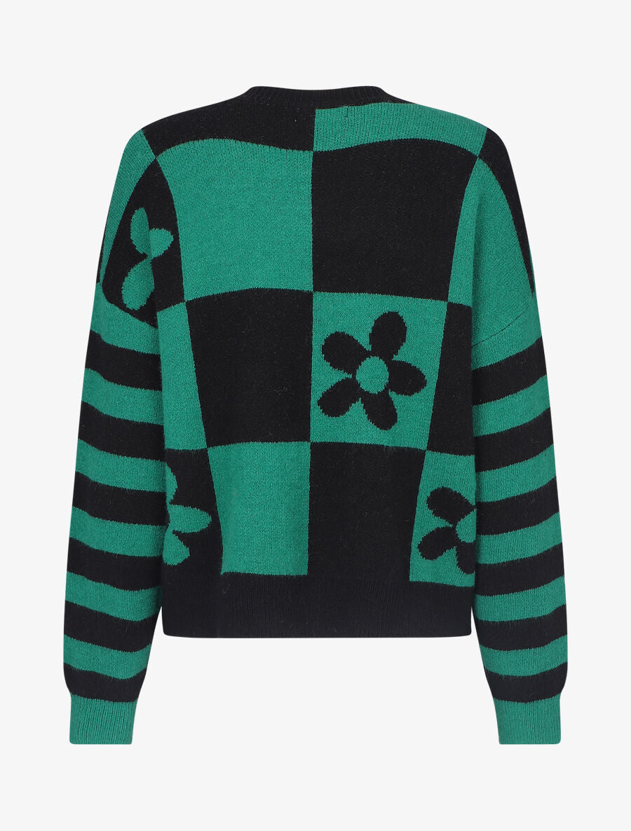 Pull droit à motif fleurs et damier - Noir/vert - 2