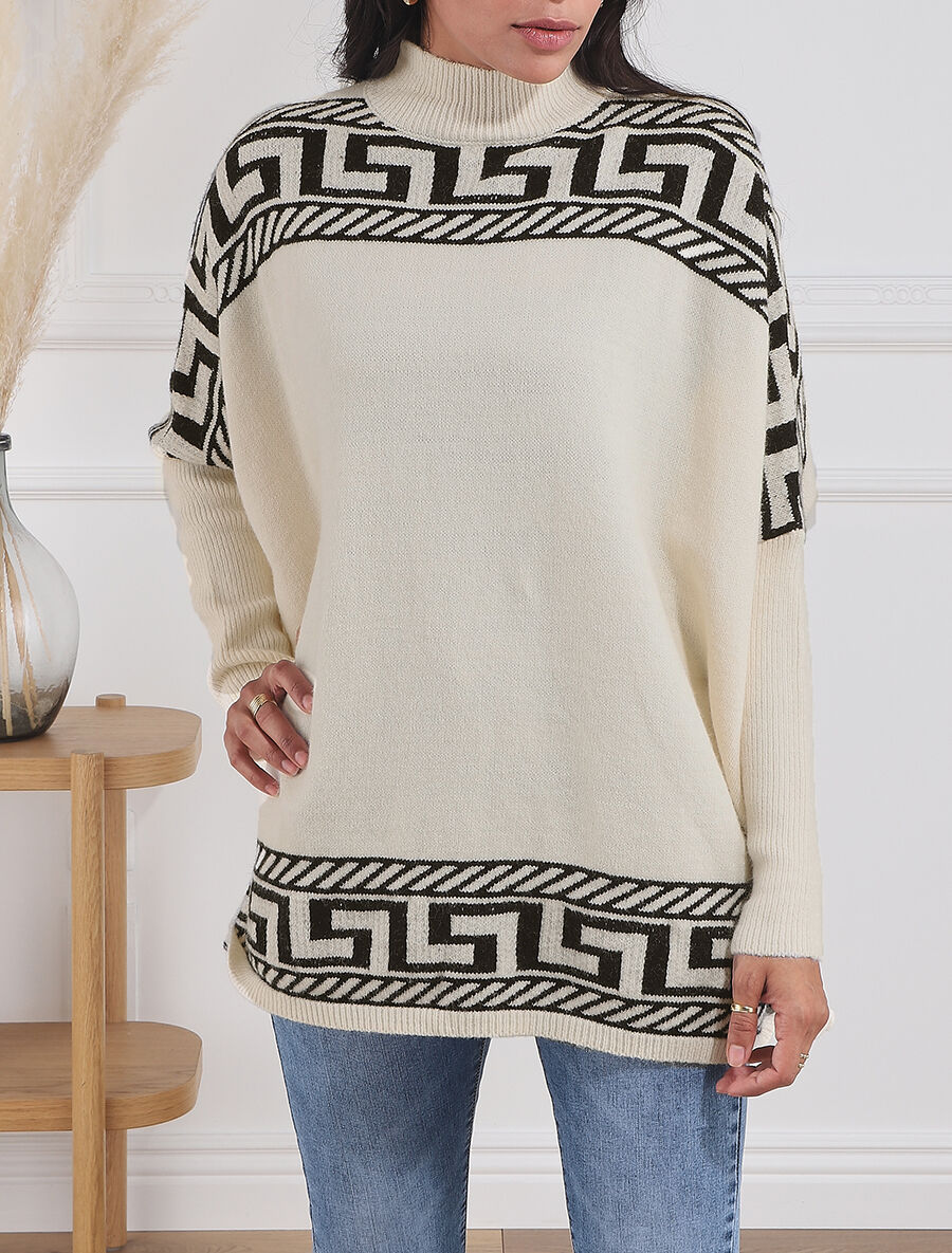 Pull oversize à motif grecque - Blanc - 1