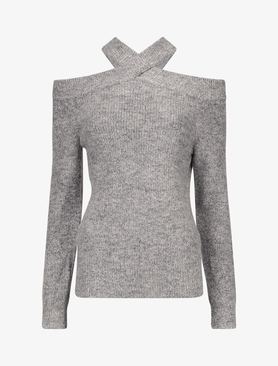 Pull uni à épaule ajourée - Gris - 1