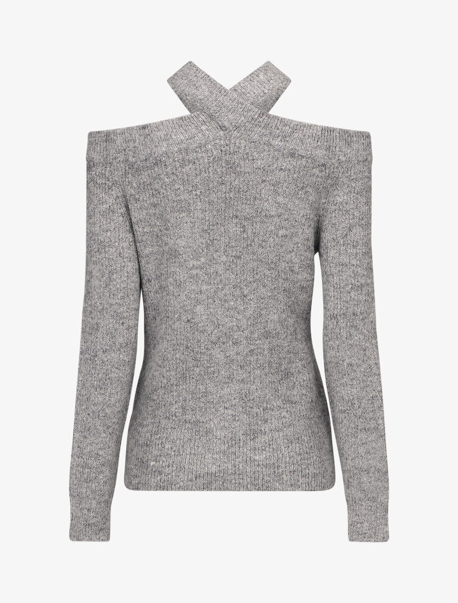 Pull uni à épaule ajourée - Gris - 2