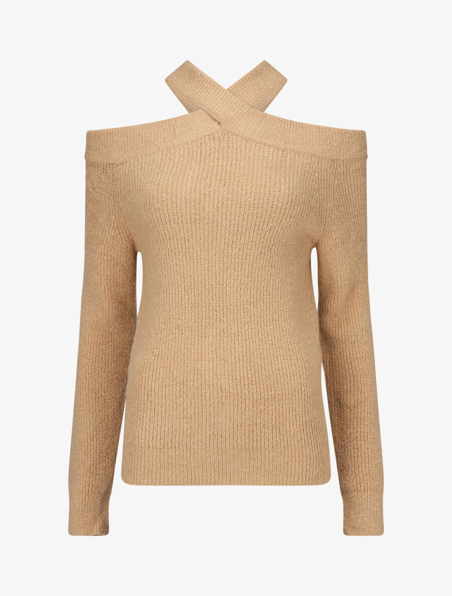 Pull uni à épaule ajourée - Camel - 1