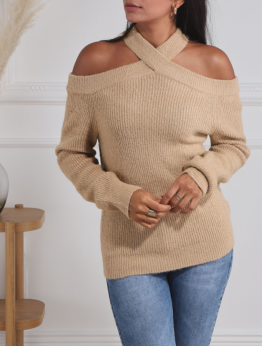 Pull uni à épaule ajourée - Camel - 4