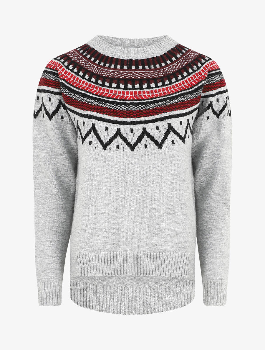 Pull col rond à motif norvégien - Gris - 1