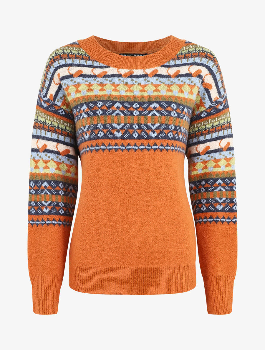 Pull col rond à motif fantaisie - Orange - 1