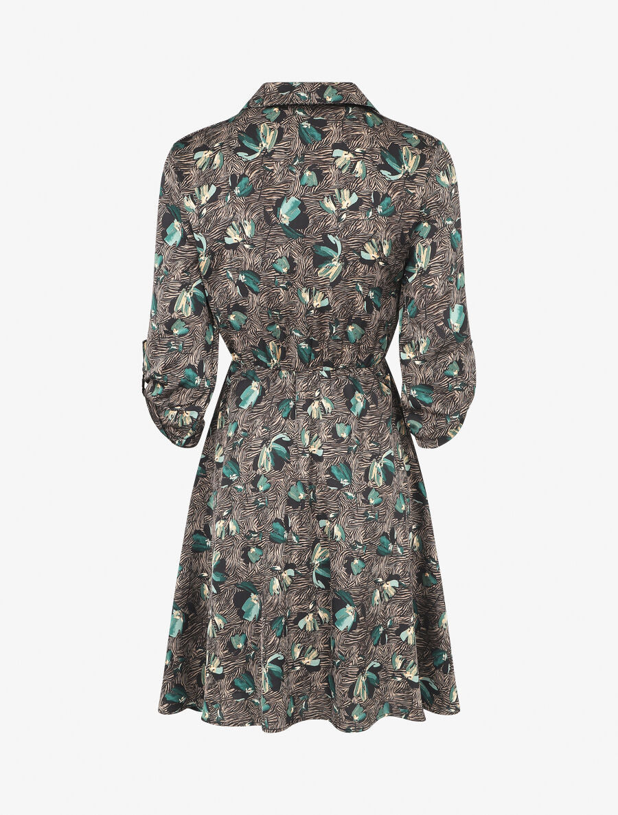 Robe florale satinée et évasée - Vert - 2