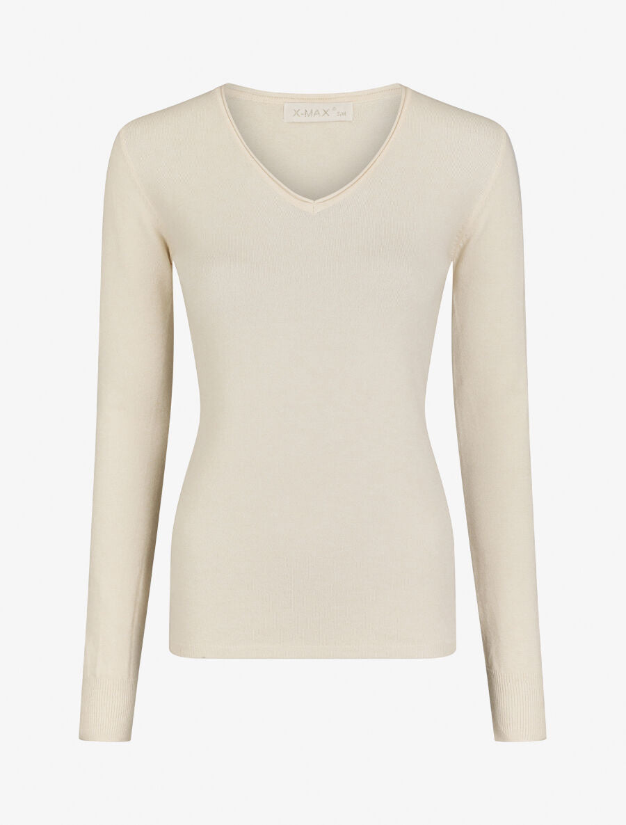 Pull fin en laine mélangée à col V - Beige - 1