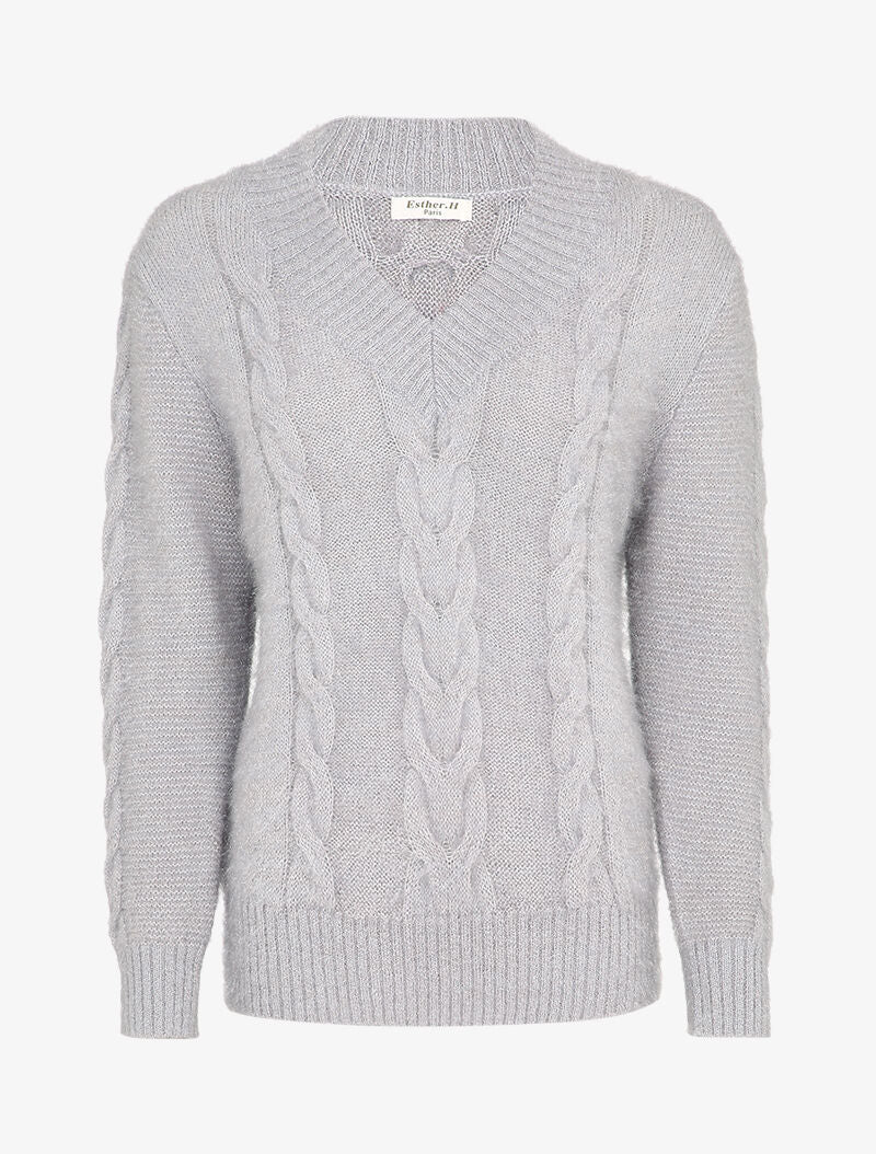 Pull en maille duveteuse tressée - Gris clair - 1