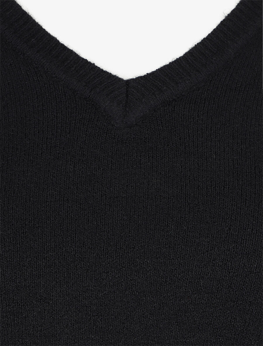 Pull en laine mélangée à col V - Noir - 3