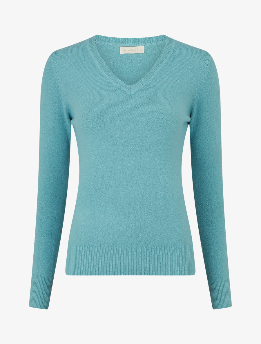 Pull en laine mélangée à col V - Vert d&