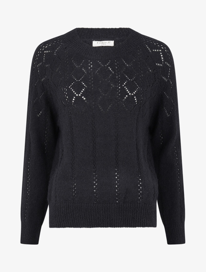 Pull à col rond en maille ajourée - Noir - 1