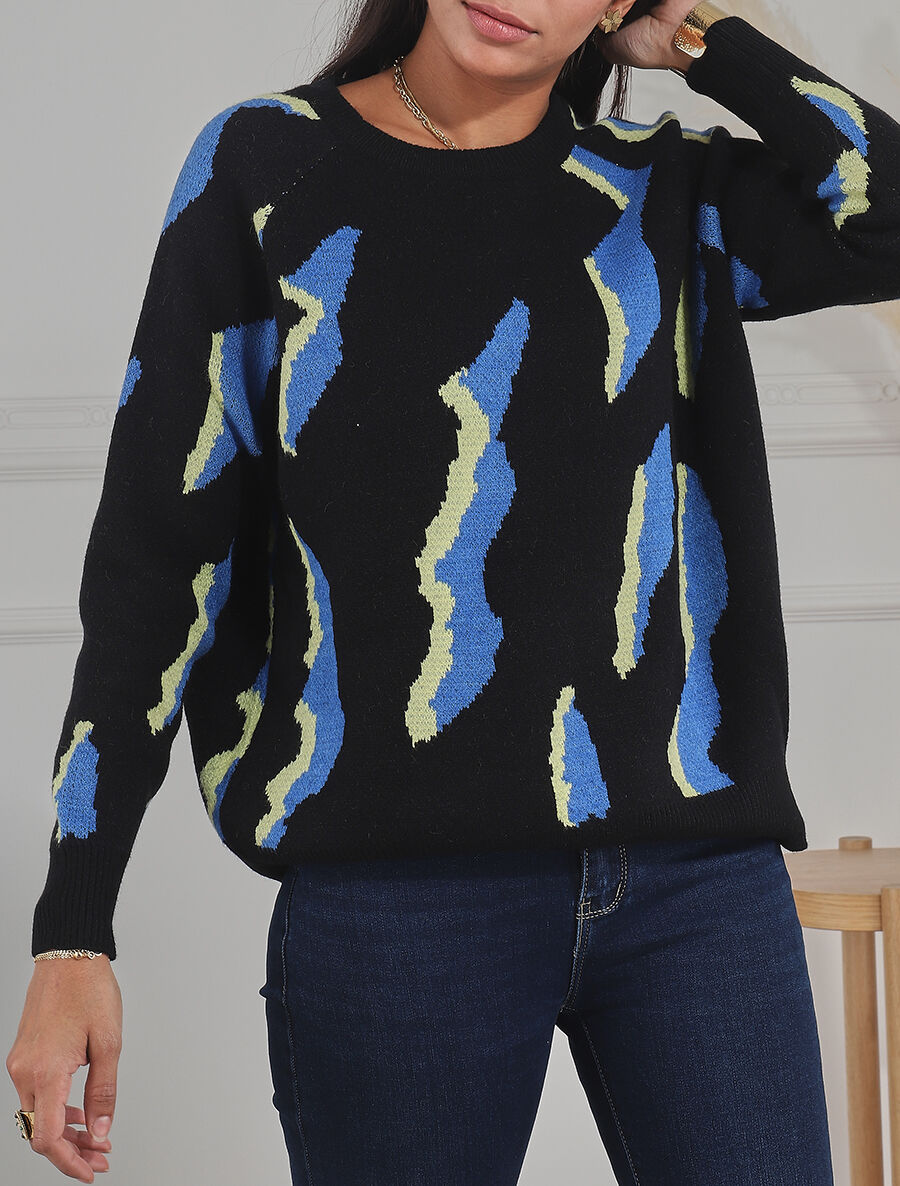 Pull en laine mélangée imprimé vintage - Noir - 4