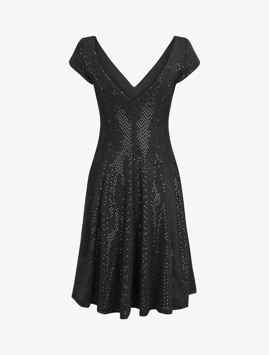 Robe patineuse pailletée à col V - Noir - 2