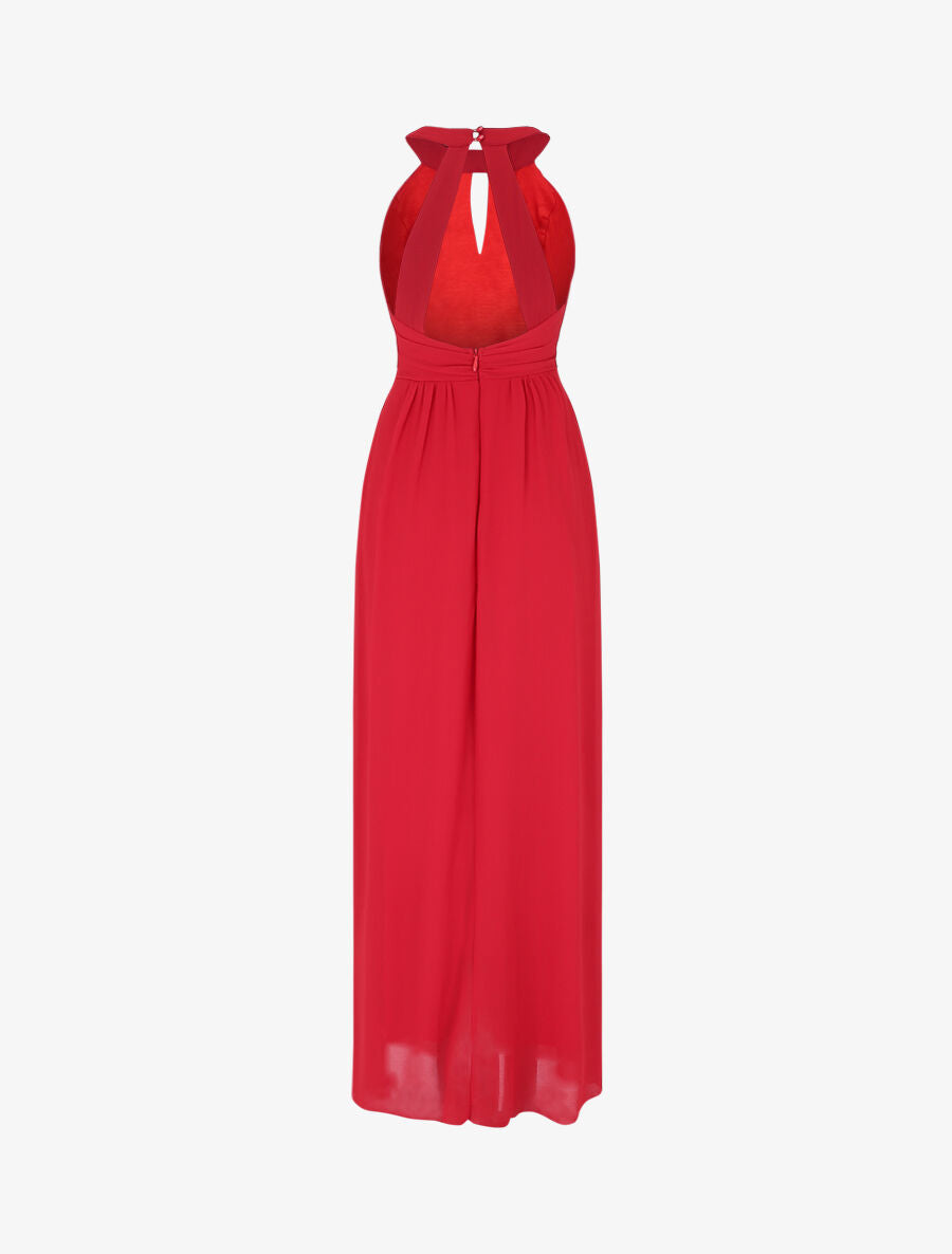 Robe longue à col américain orné de strass - Rouge - 2