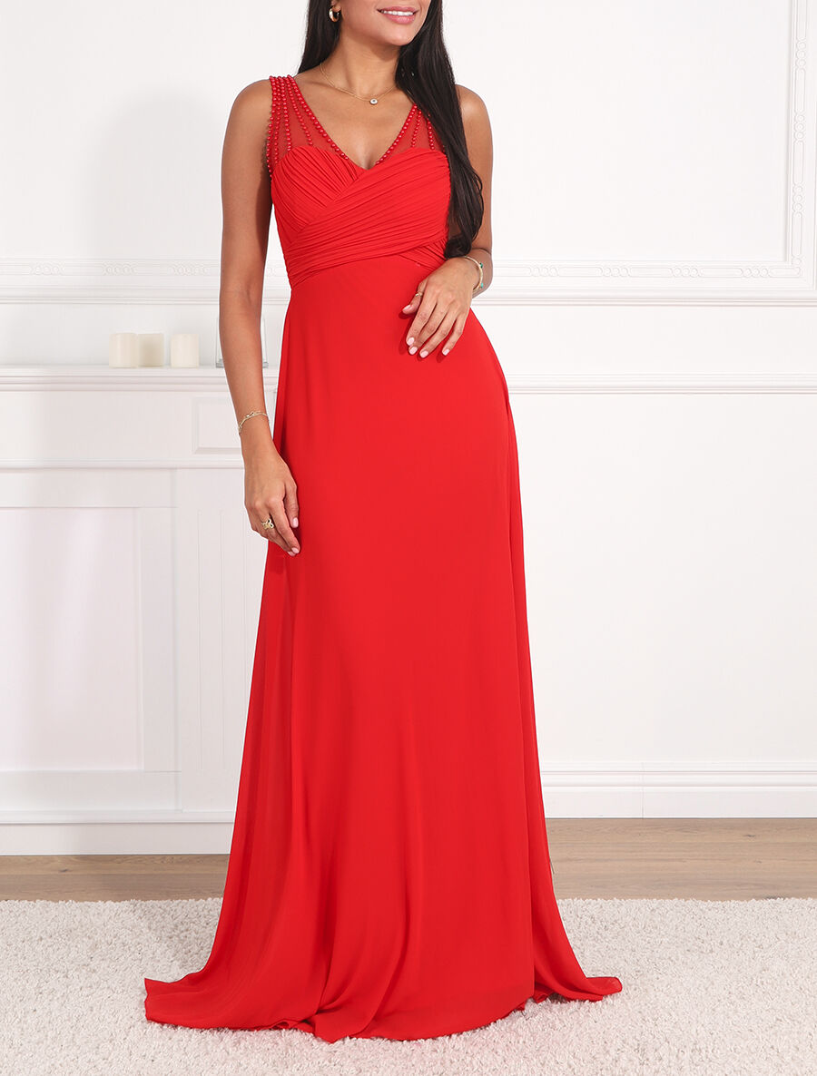 Robe longue à décolleté plissé - Rouge - 3