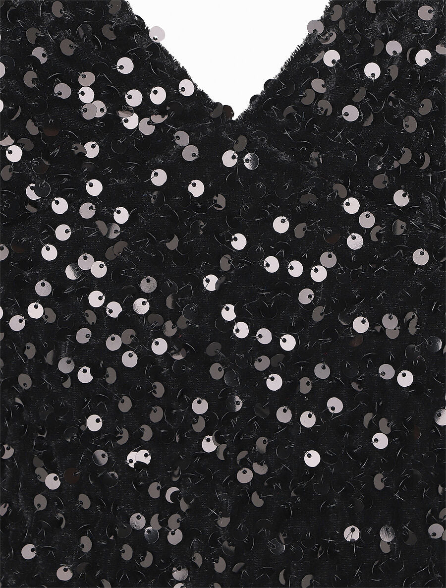 Robe courte en velours à sequins - Noir - 3