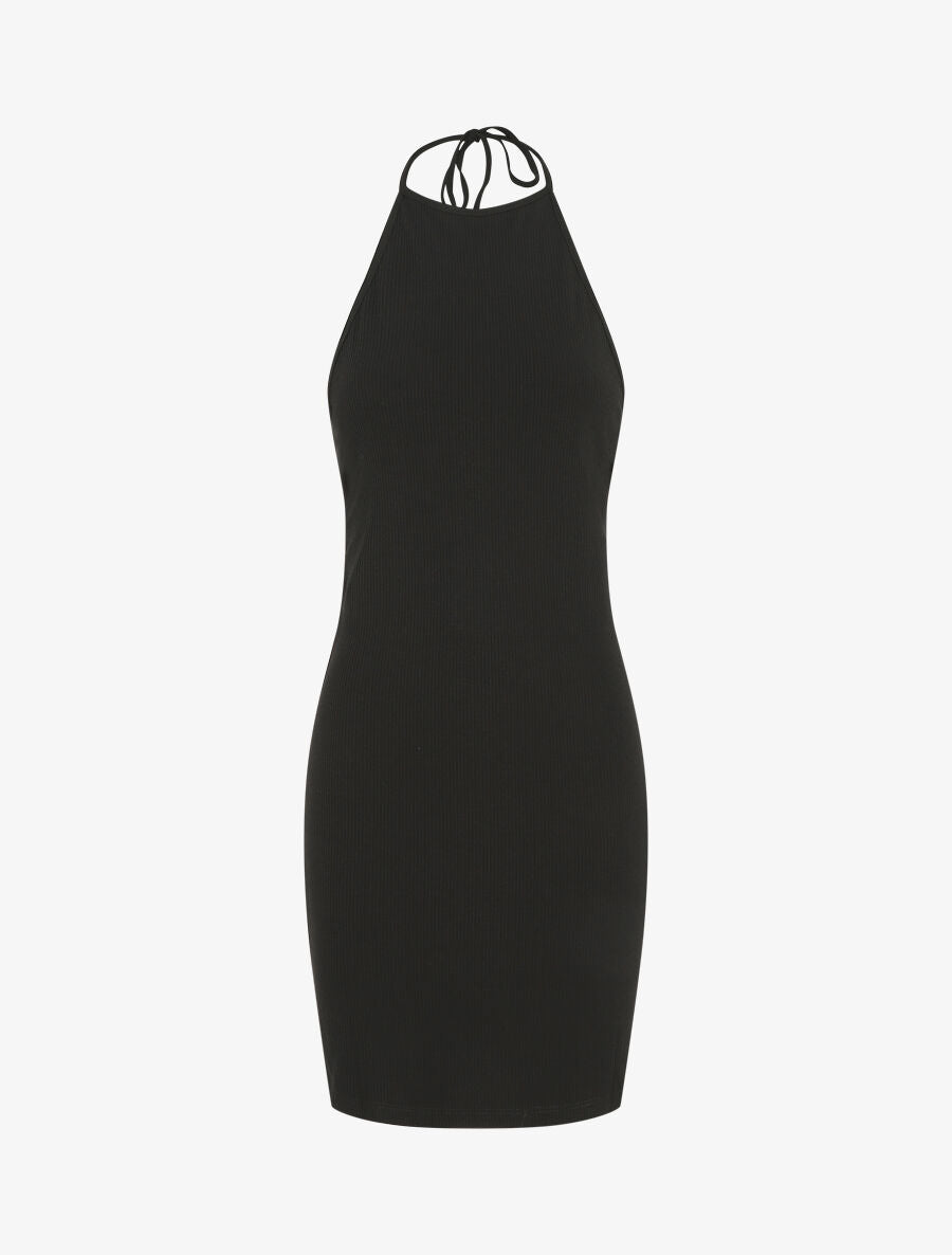 Robe unie côtélé à dos-nu - Noir - 1