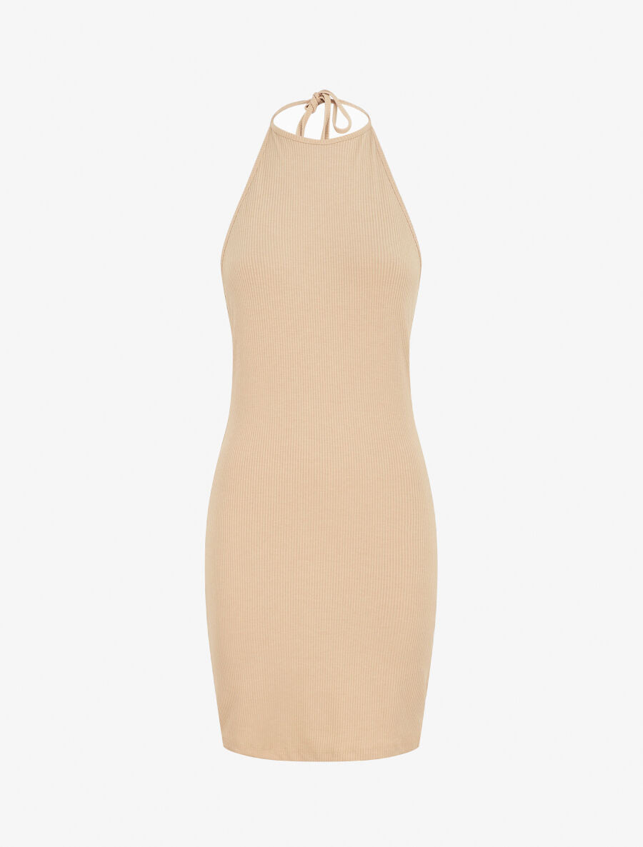 Robe unie côtélé à dos-nu - Beige - 1