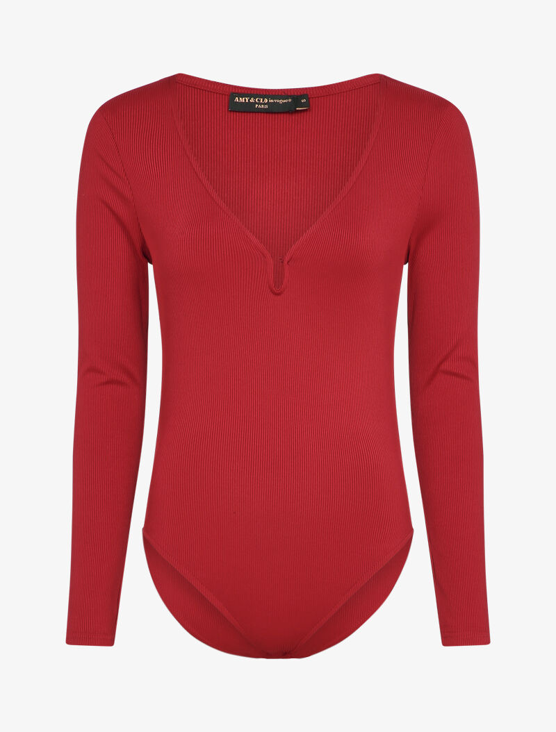 Body côtelé à col V - Rouge - 3