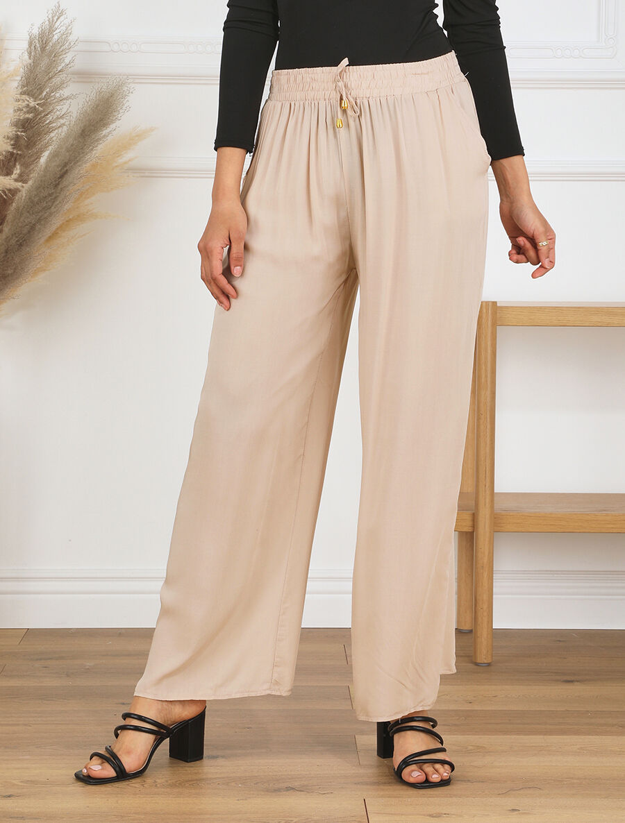 Pantalon fluide coupe droite taille haute - Beige - 4