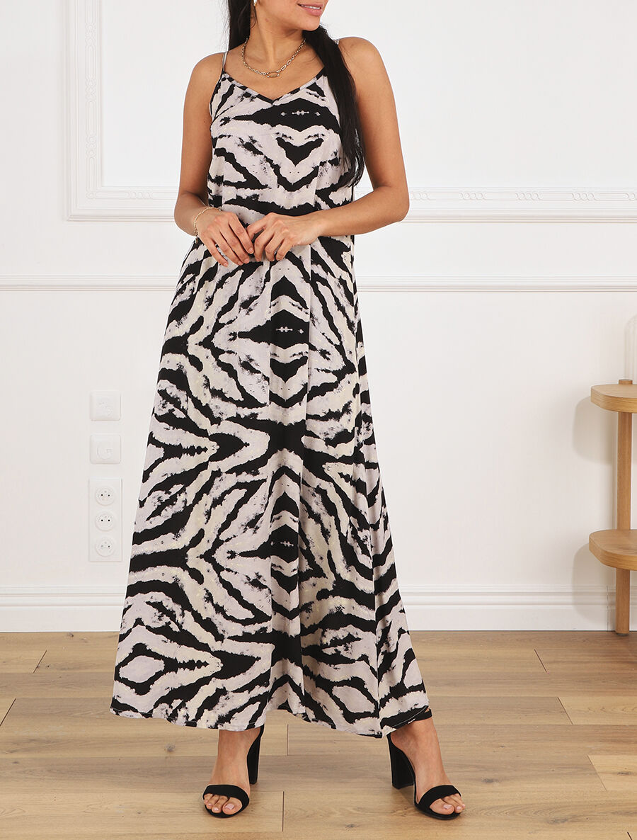 Robe longue à fines bretelles imprimé graphique - Gris - 4
