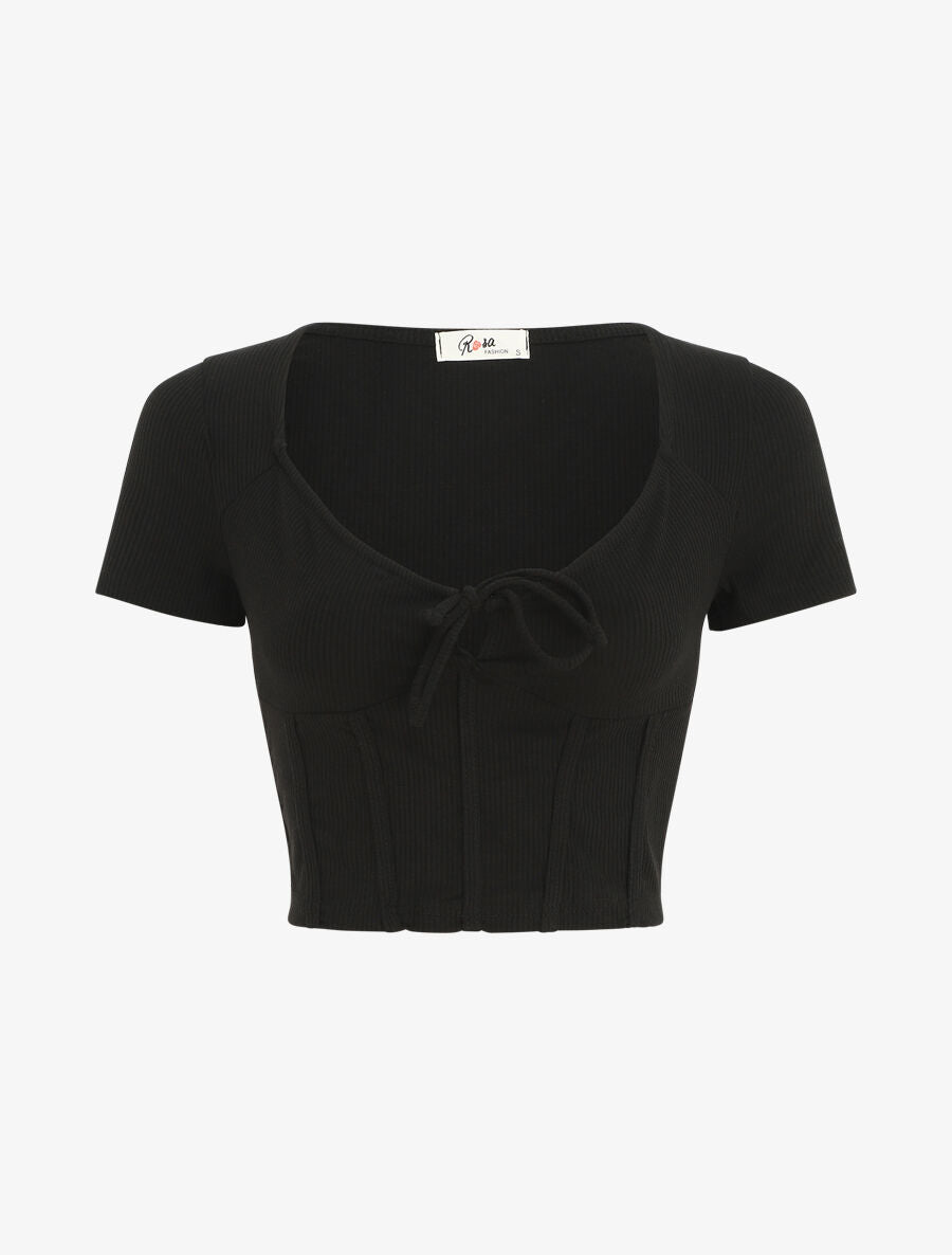 Crop top style corset manches courtes - Noir - 1
