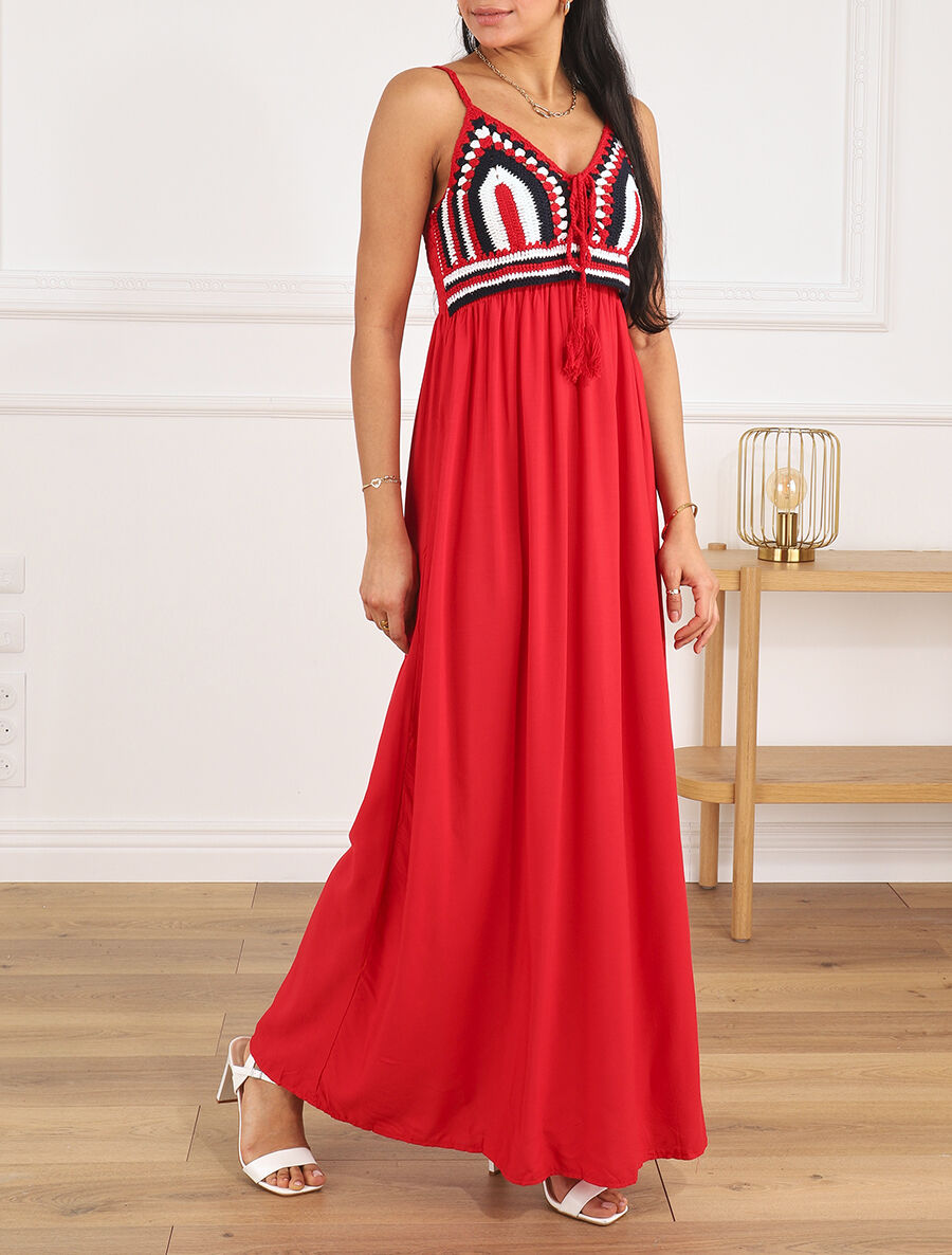 Robe longue à buste brodé - Rouge - 1