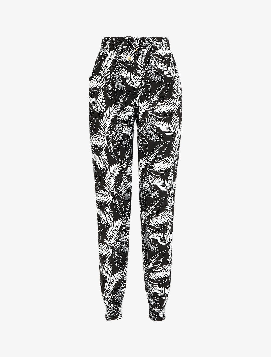 Pantalon ample imprimé feuilles à taille élastiquée - Noir - 1