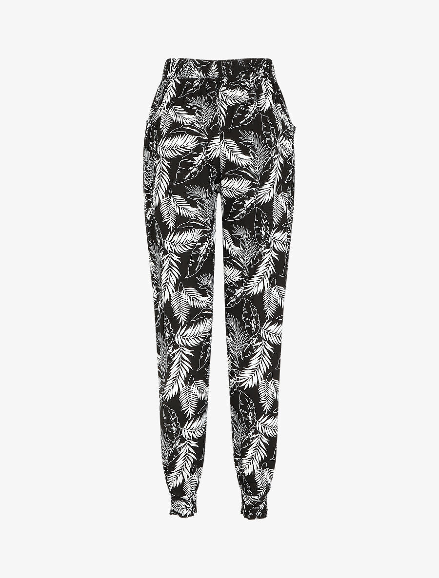 Pantalon ample imprimé feuilles à taille élastiquée - Noir - 2
