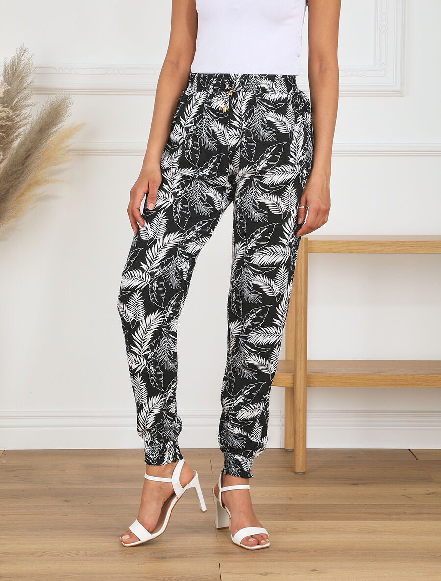 Pantalon ample imprimé feuilles à taille élastiquée - Noir - 4