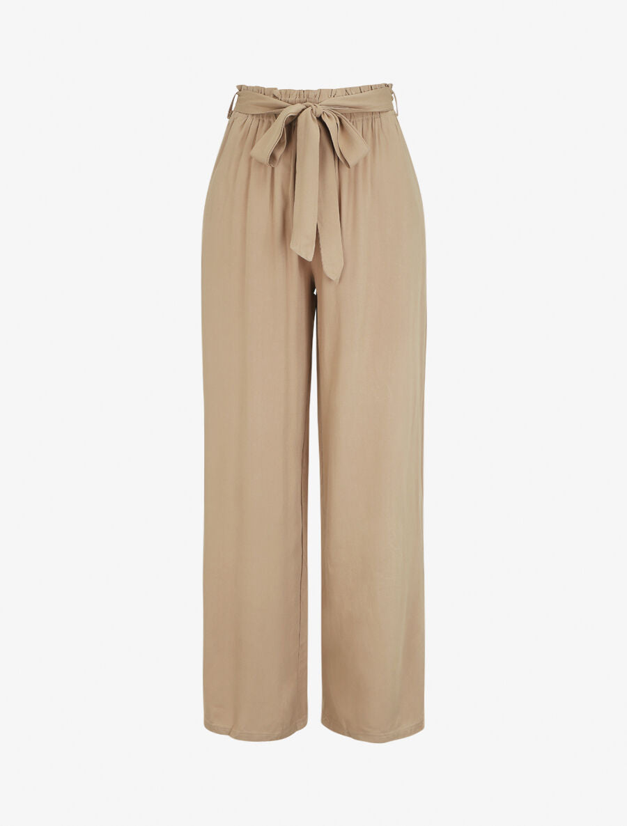 Pantalon droit uni taille haute élastiquée - Beige - 1