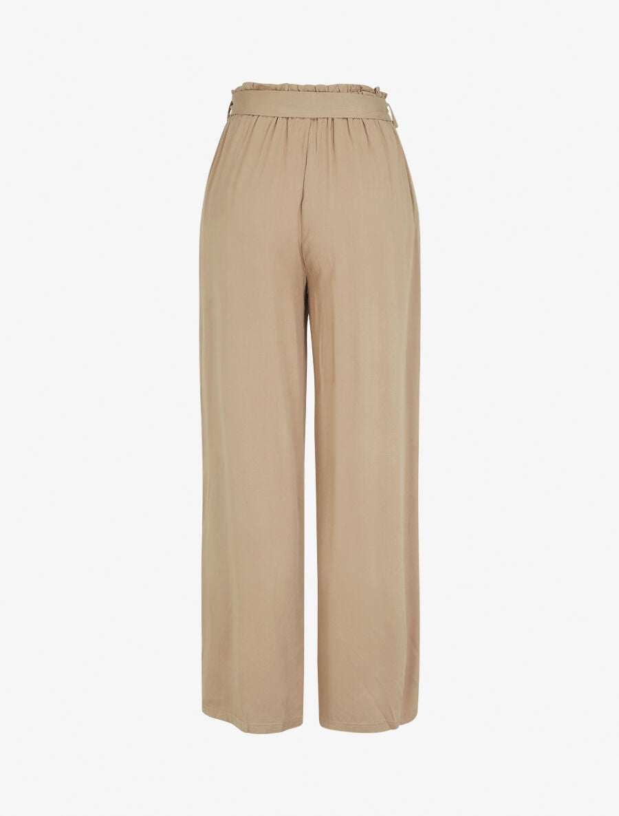 Pantalon droit uni taille haute élastiquée - Beige - 2