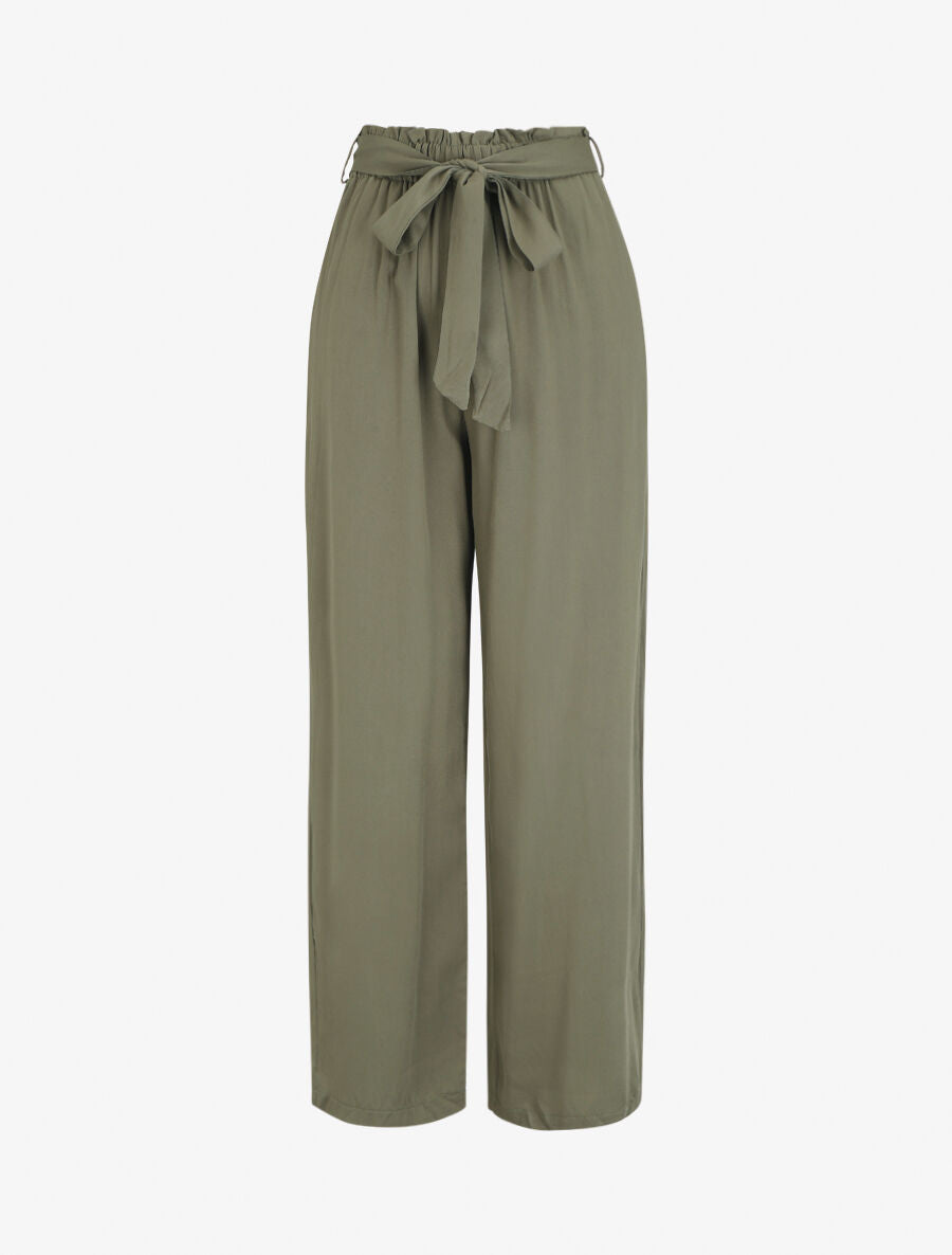 Pantalon droit uni taille haute élastiquée - Kaki - 1
