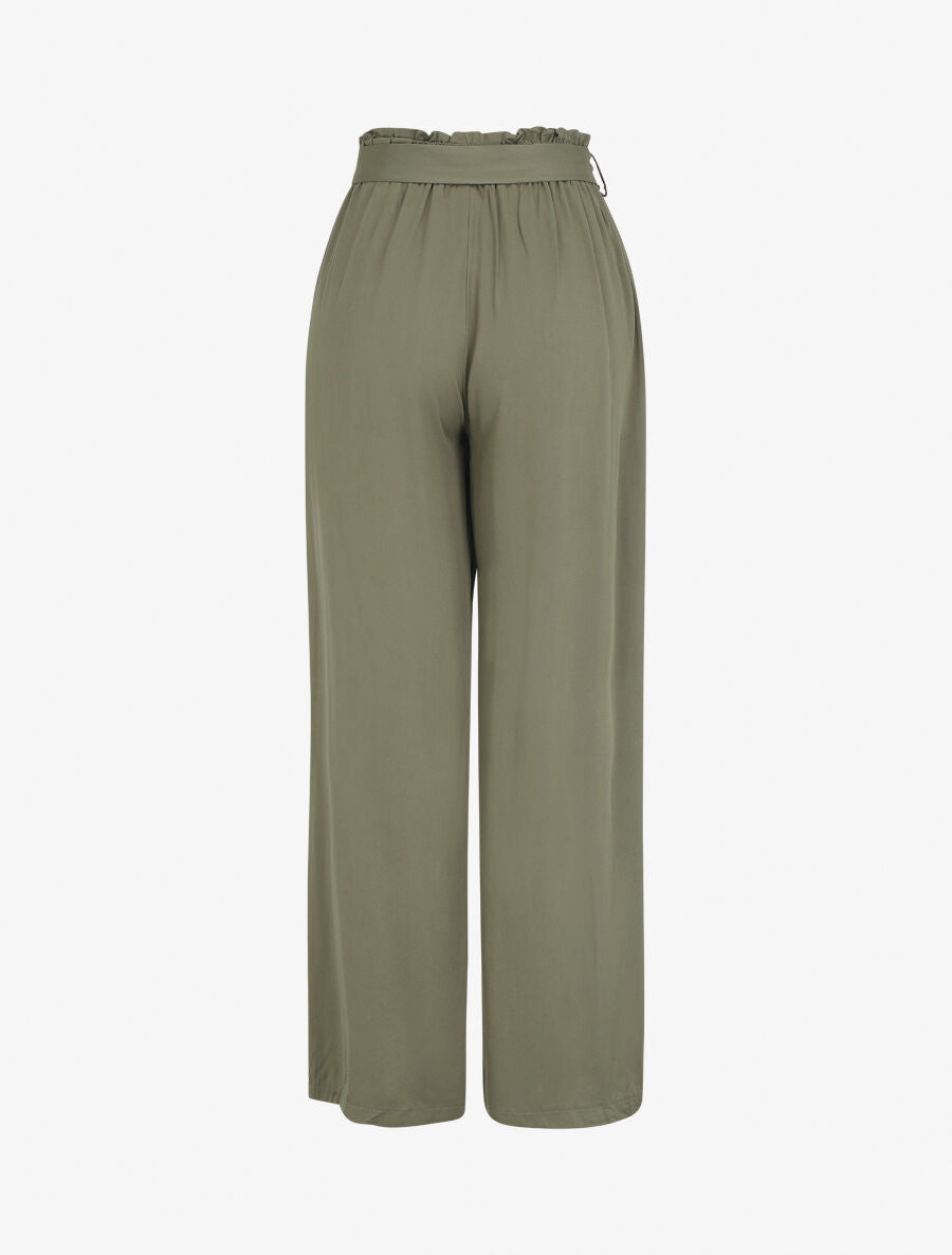 Pantalon droit uni taille haute élastiquée - Kaki - 2
