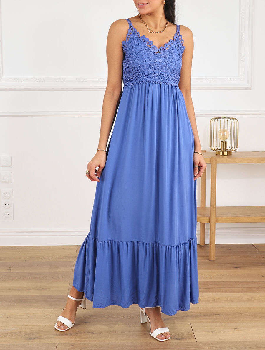 Robe longue à bretelles et col en dentelle - Bleu - 4