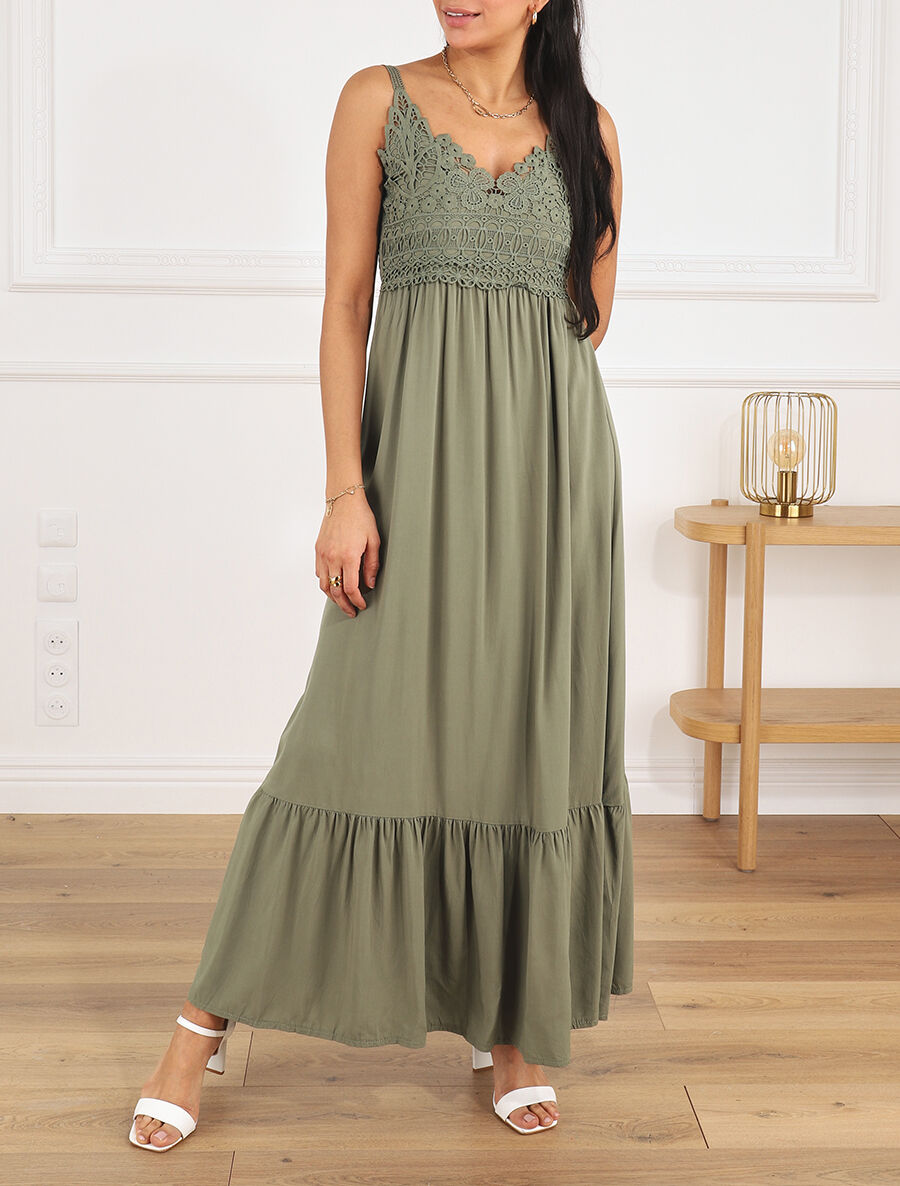 Robe longue à bretelles et col en dentelle - Kaki - 4