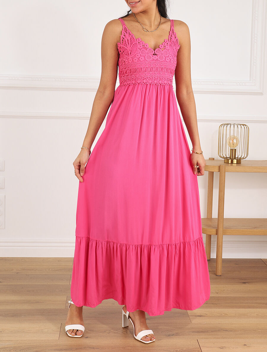 Robe longue à bretelles et col en dentelle - Fuschia - 4